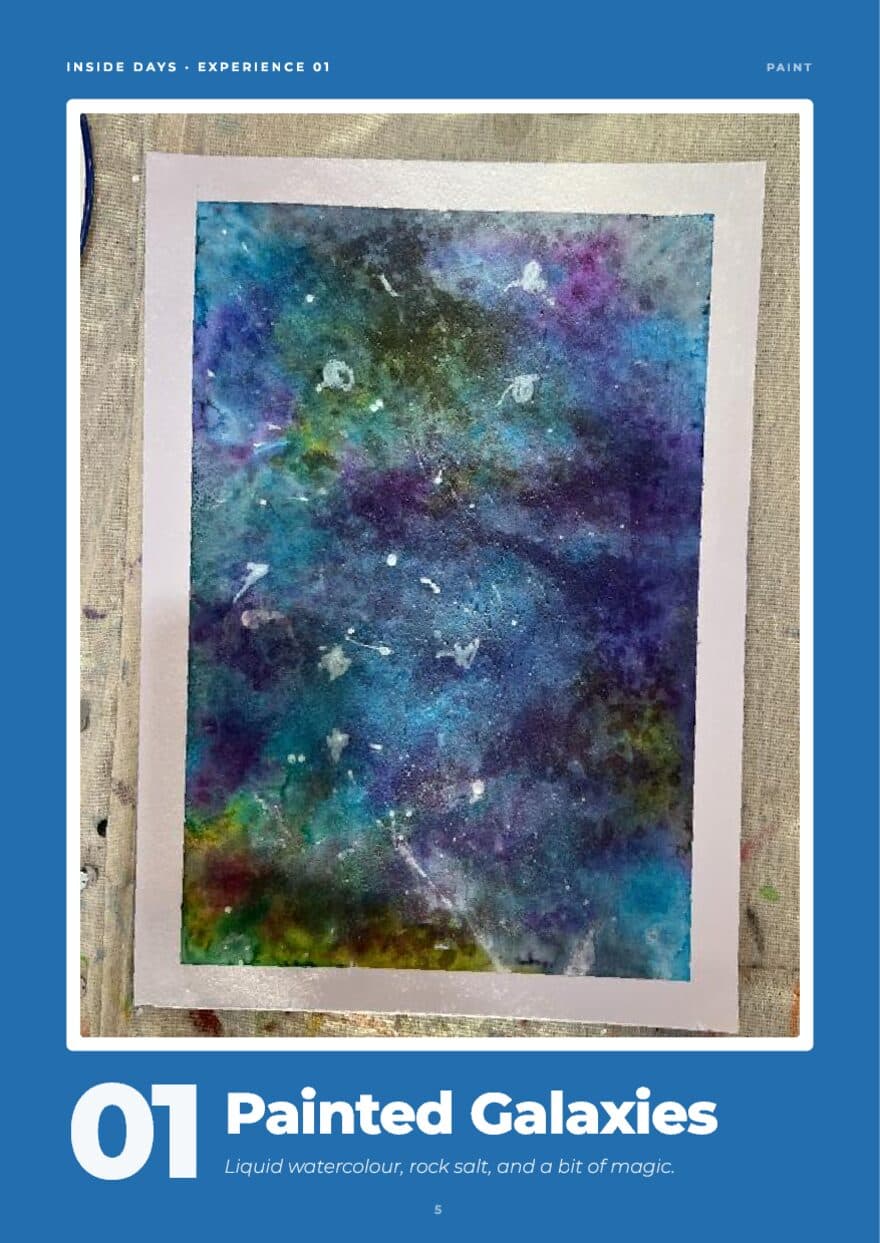 Opener page for Painted Galaxies, a deep blue and purple salt-textured galaxy painting