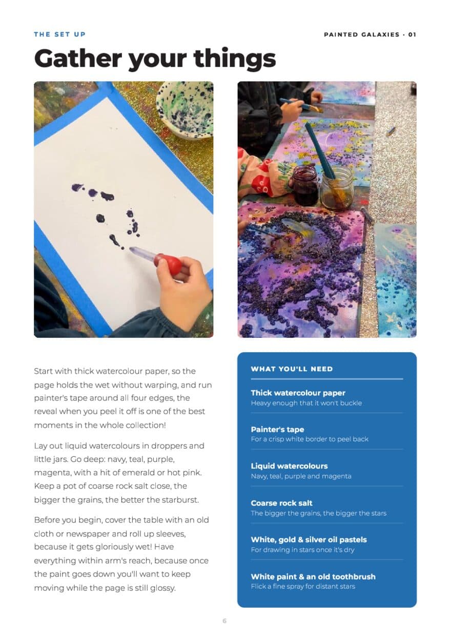 The set up page for Painted Galaxies, with the supply list and how to lay things out