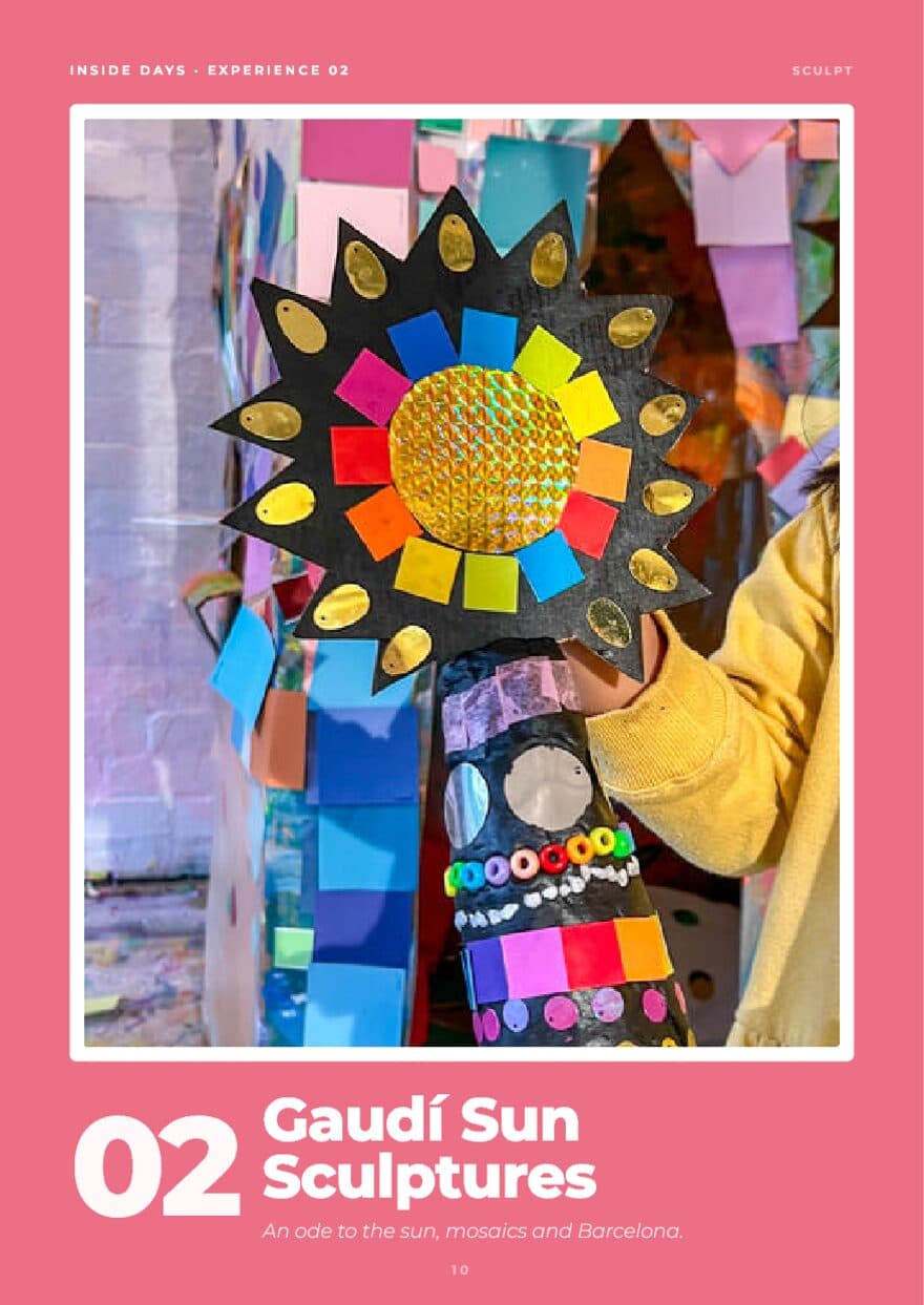 Opener page for Gaudí Sun Sculptures, a bright mosaic sun sculpture on a wooden base