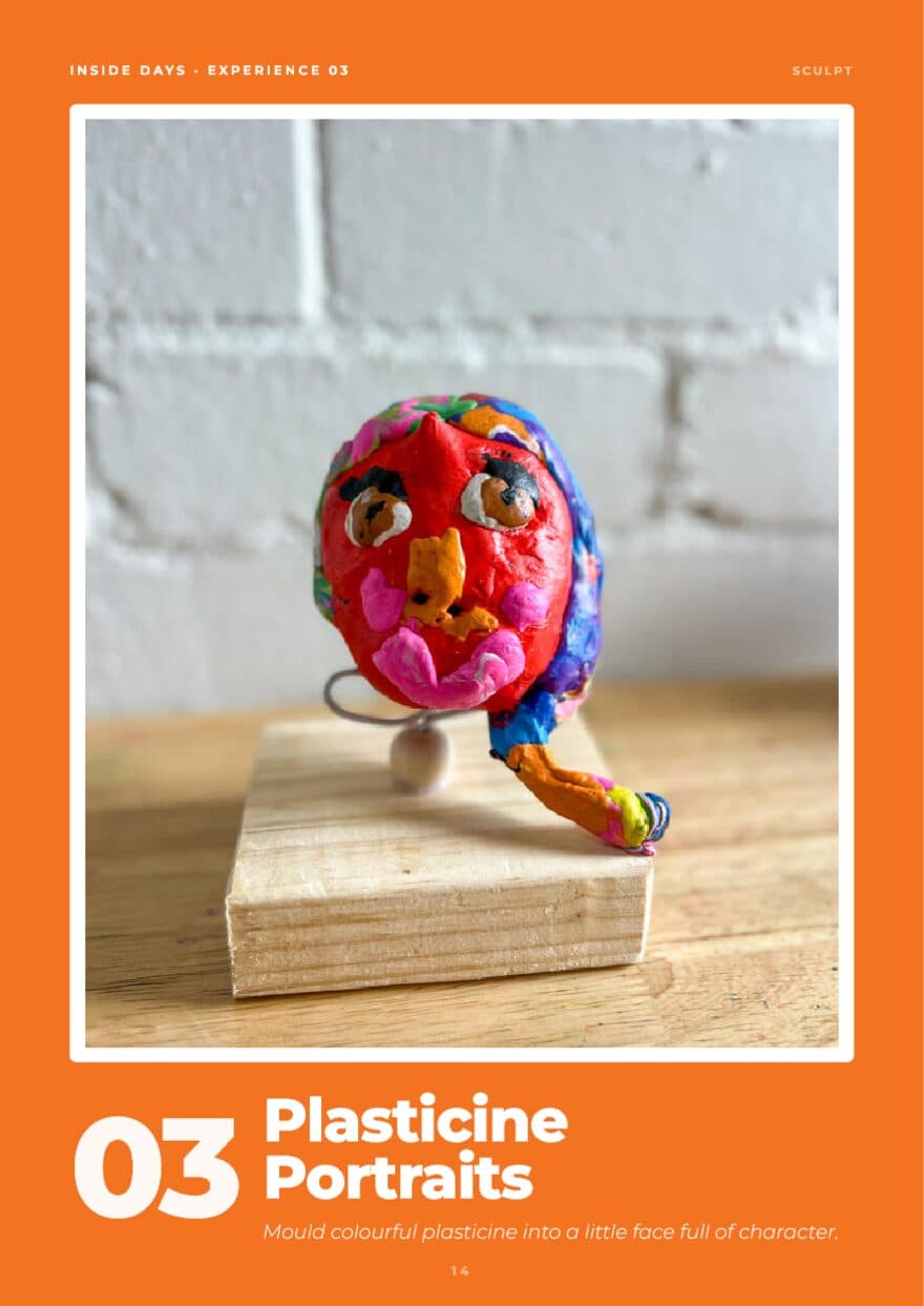 The Plasticine Portraits page from Inside Days, a colourful modelled clay face
