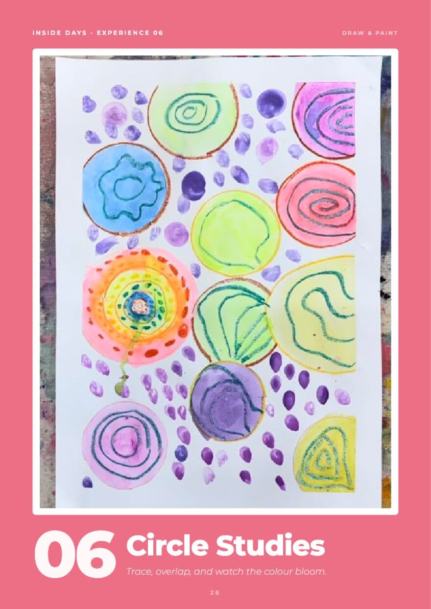 Opener page for Circle Studies, overlapping traced circles in bright watercolour