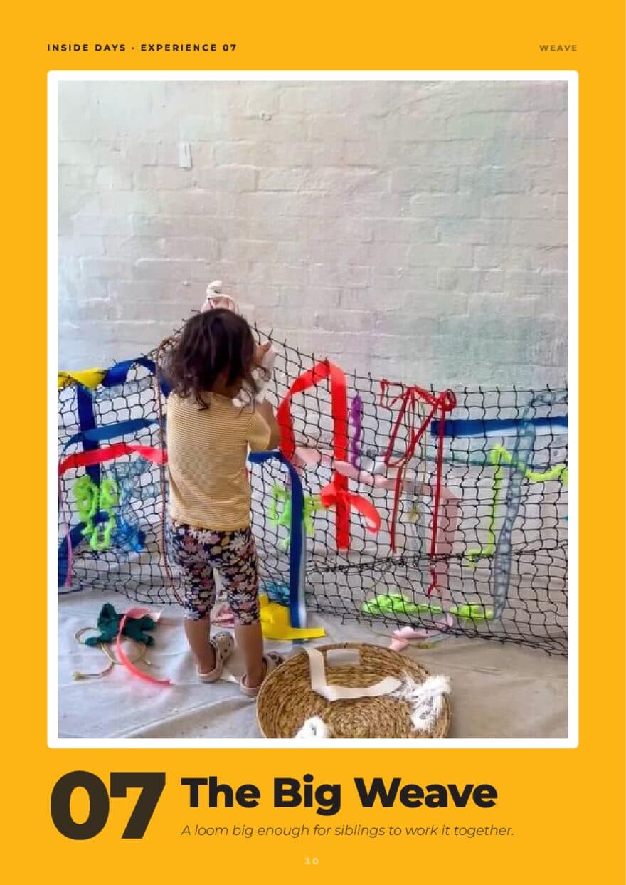 Opener page for The Big Weave, a child weaving wool through a large garden-fence loom