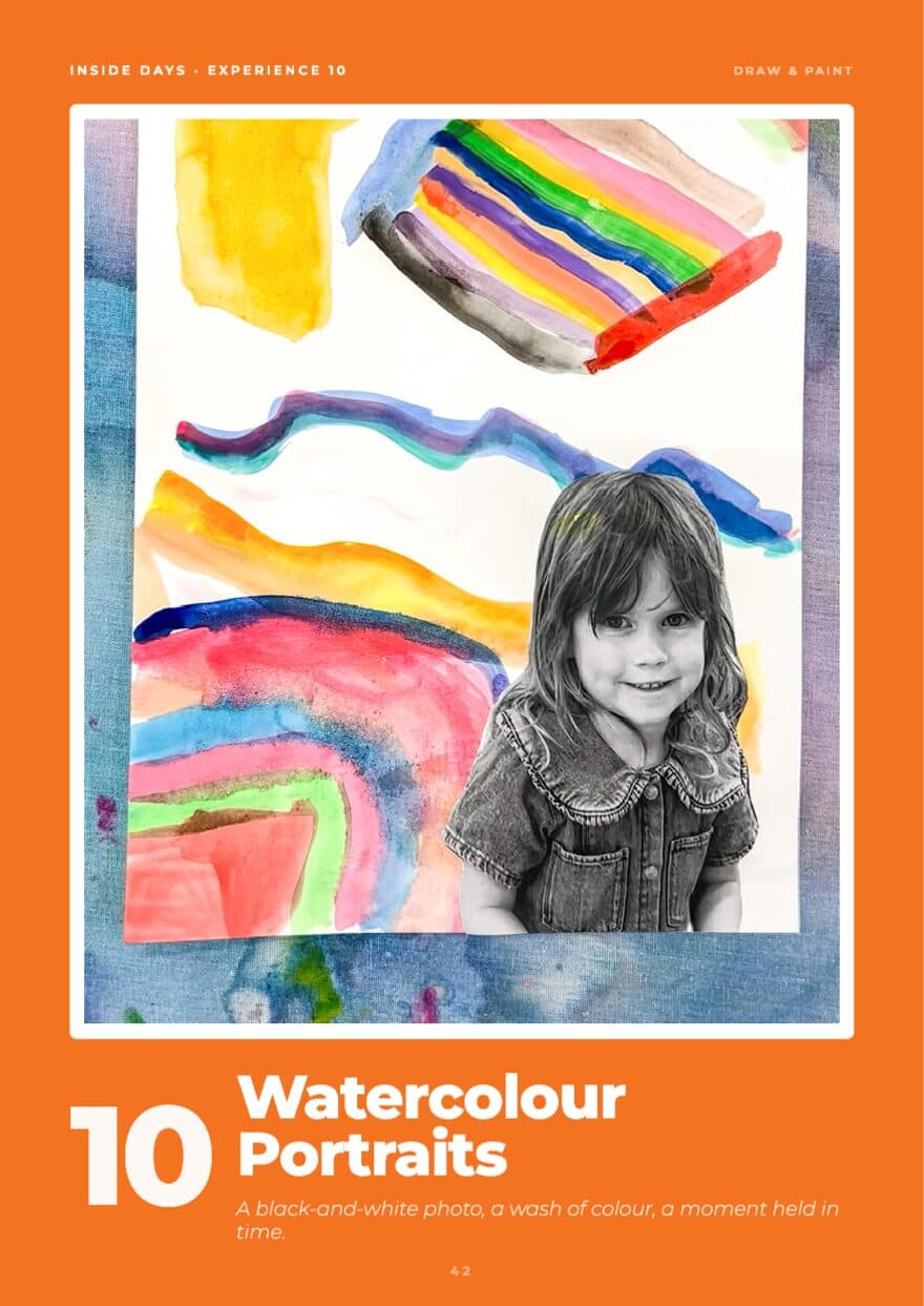Opener page for Watercolour Portraits, a loose painted self portrait of a child