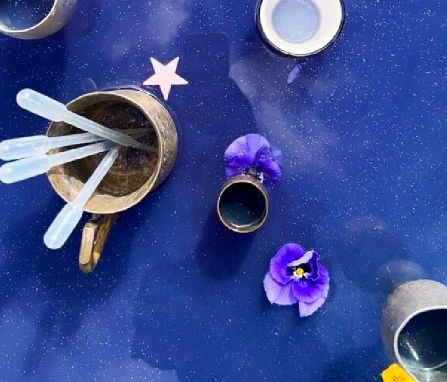 The Art Lab cover photo, a deep blue sensory tray with cups and flowers